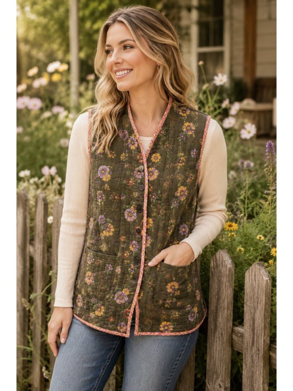 Vintage Quilted Floral Vest Olive Green Cottagecore Boho Button Front Womens L